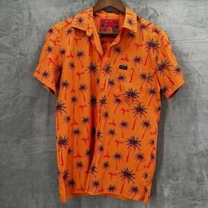 Retro Rifle Shirt Mens XS Orange Palm Tree Hawaiian Trigger Happy Sunset Button